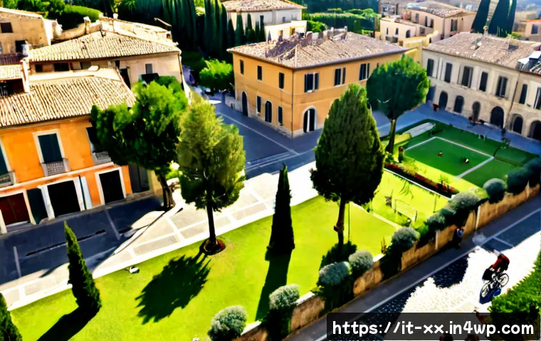 Home 12 전국적 생태적 도시재생 정책 비교 - Photorealistic aerial view of a revitalized Italian city district, restored historic stone buildings...