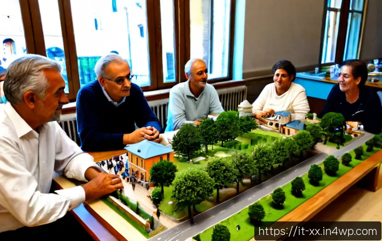 Home 14 생태적 도시재생을 위한 주민 참여 방안 - Photorealistic Italian neighborhood regeneration workshop in a bright community hall, diverse reside...
