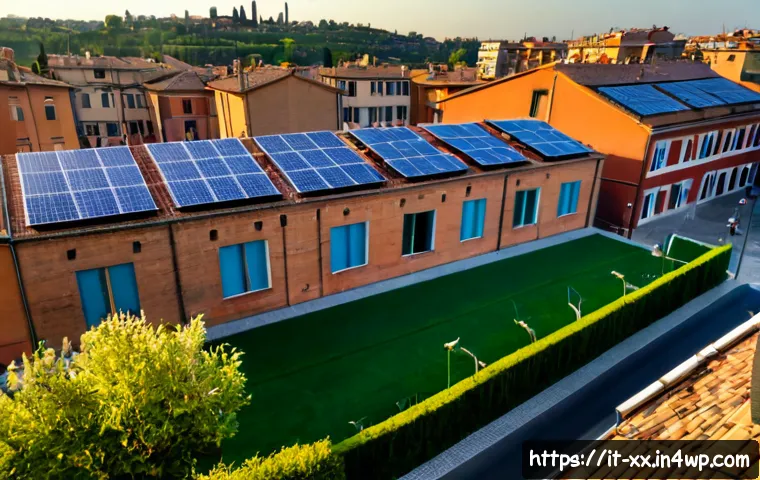 Home 16 도시 재생을 위한 에너지 자립형 모델 - Photorealistic aerial view of a revitalized Italian urban neighborhood in Bologna, renovated brick a...